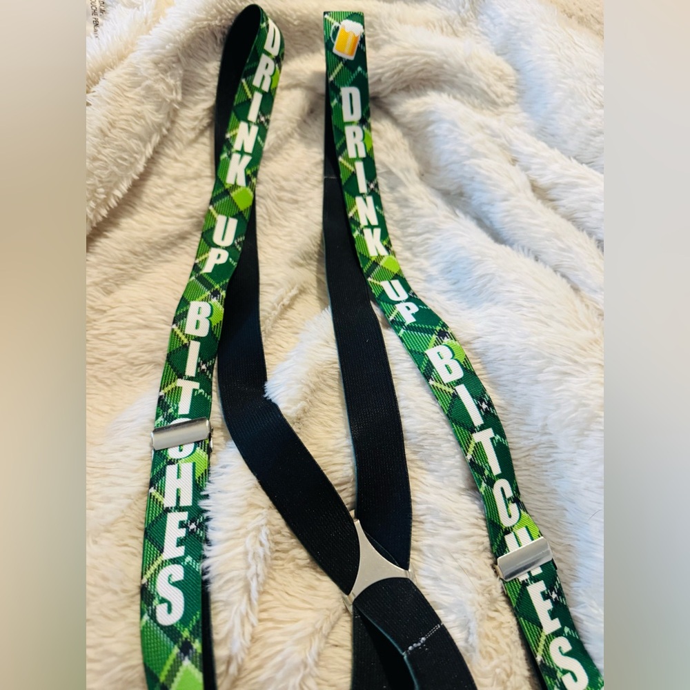 Green St Patrick’s Day Plaid Irish Novelty Suspenders Drink Up Party Design
